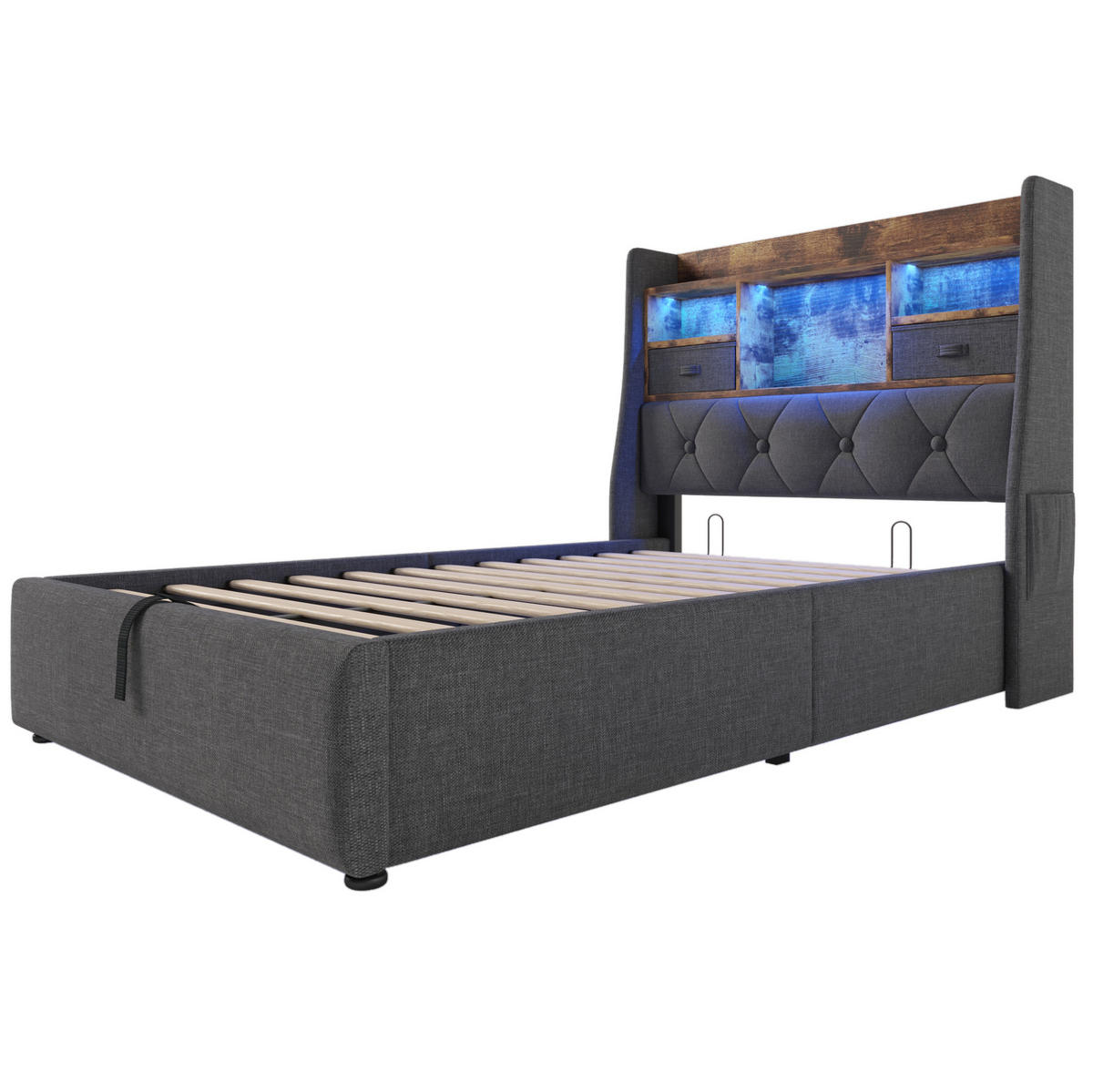 POLSTERBETT mit Stauraum & LED 90x200 cm Leinen Grau inkl. Lattenrost - Grau, Metall (90/200cm) - Meubliv