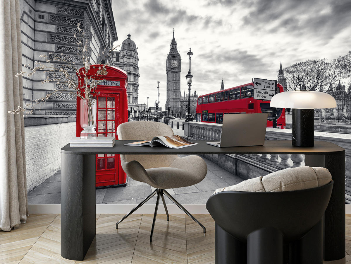 FOTOTAPETE für Wohnzimmer Rote Telefonzelle London Monument BIG BEN Bus 250x175 - Rot/Weiß, Papier (250/175cm) - Muralo