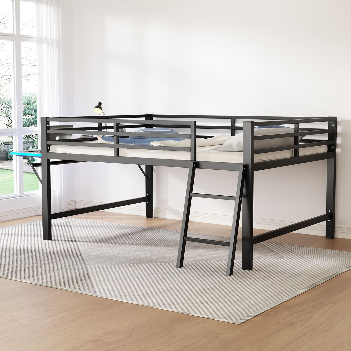 HOCHBETT 140/200 cm Schwarz mit Schreibtisch und LED-Beleuchtung - Schwarz, Metall (140/200cm) - OKWISH
