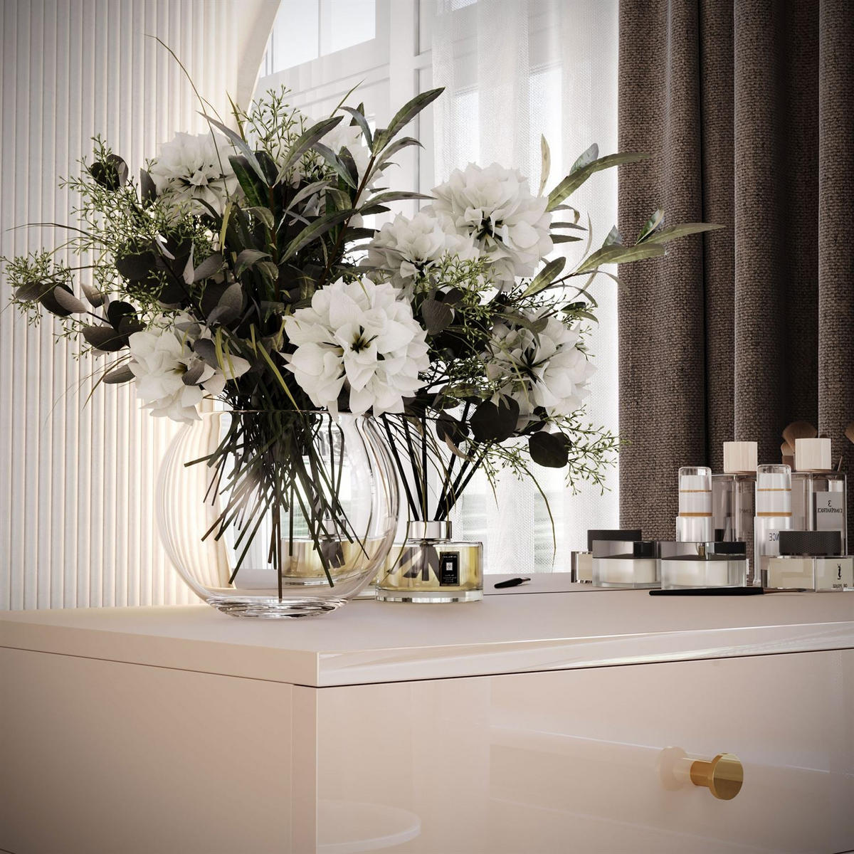 SCHMINKTISCH QUINNIE KASCHMIR mit LED-Spiegel gold Chrom links gold Griff - Kaschmir/Goldfarben, Holzwerkstoff (100/175/42cm) - Lookway