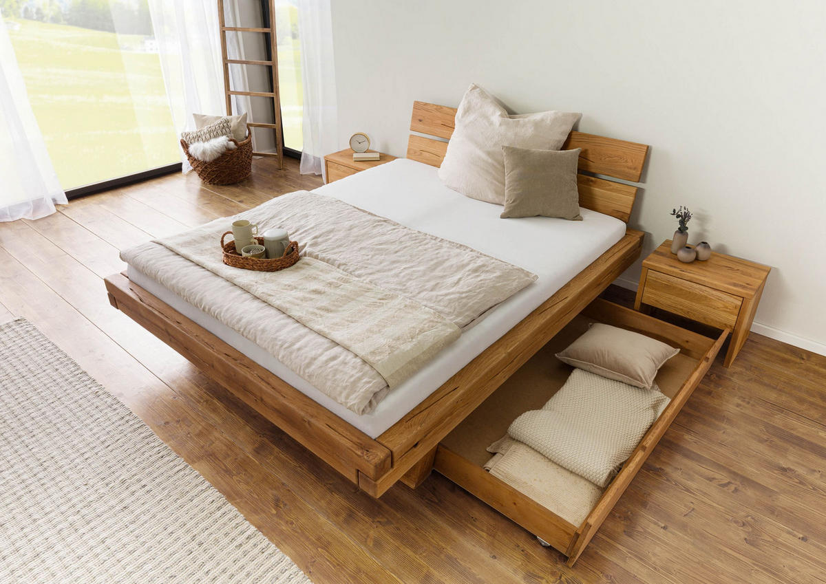 HOLZBETT mit Schublade Eiche 160x200x87 natur geölt BREGENZ #106 - Braun, Holz (160/200cm) - Massivmoebel24