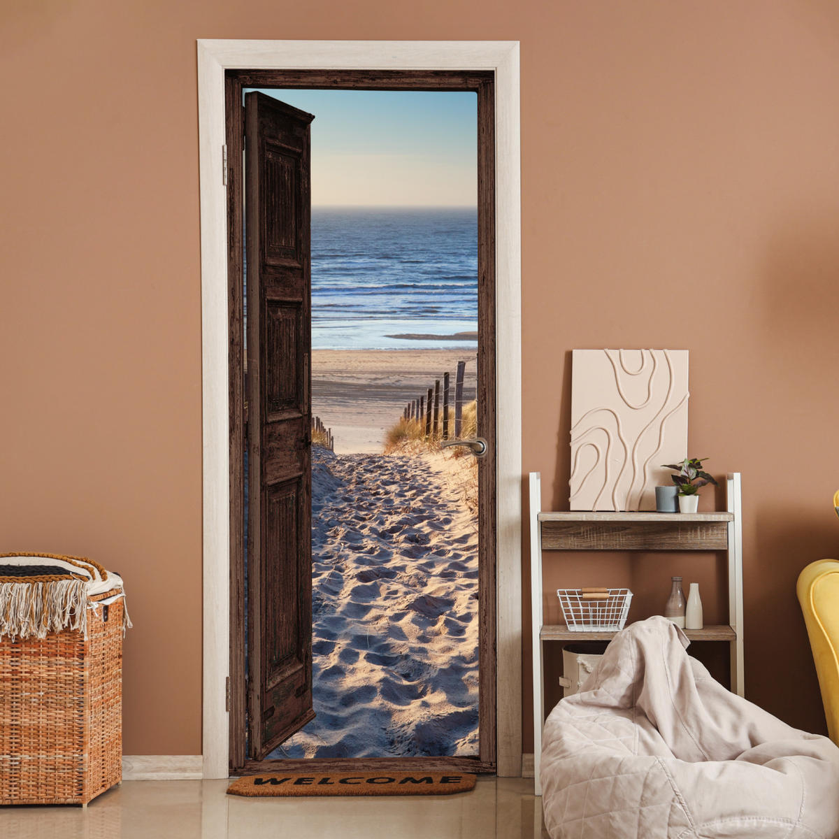 TÜRAUFKLEBER Selbstklebend - Fensterblick - Strand - Meer - Weg - Dünen 95x235 cm - Türtapete - Sandfarben, Kunststoff (95/0.1cm) - MuchoWow