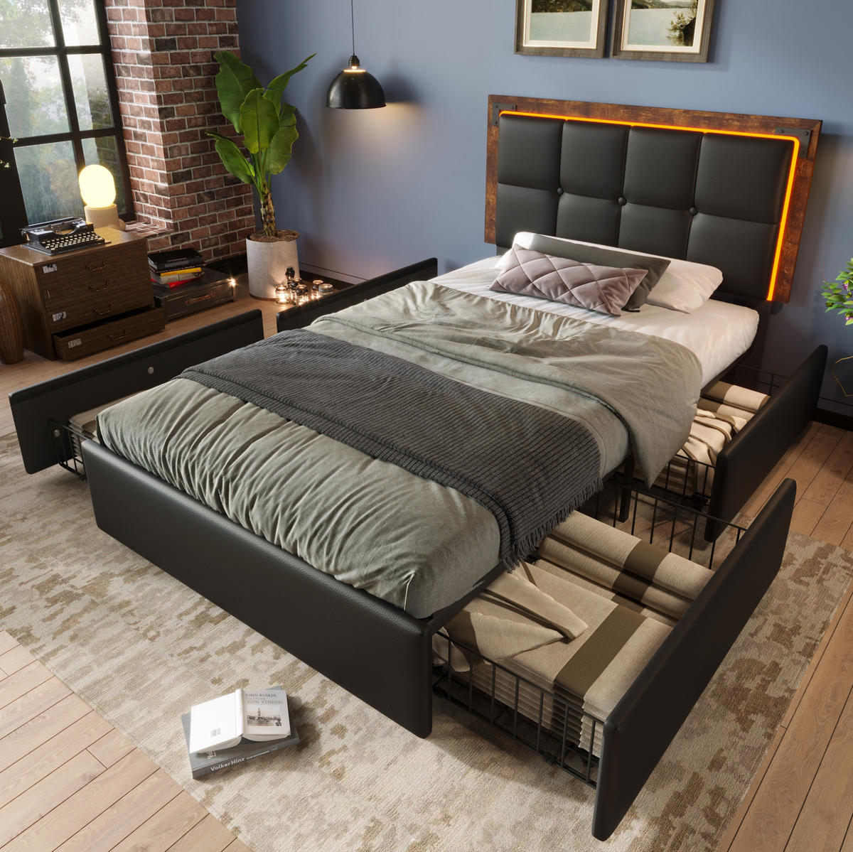 BETT mit LED und 4 Schubladen 90x200 cm PU Schwarz inkl. Matratze - Schwarz, Metall (90/200cm) - Meubliv