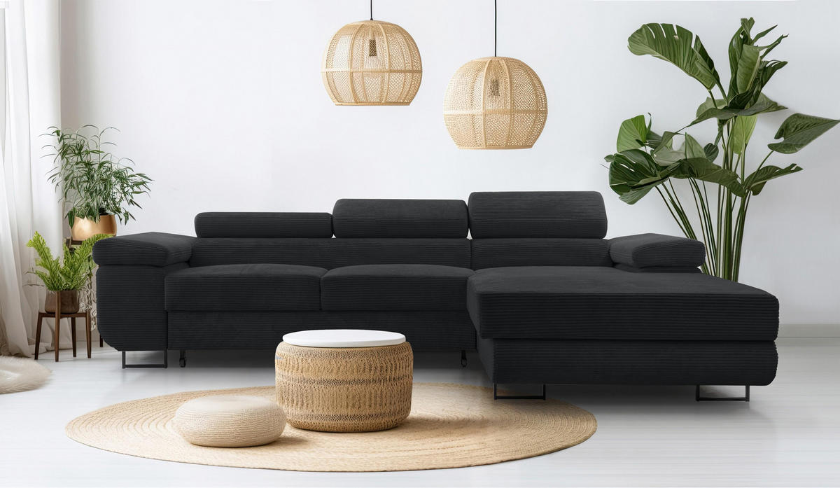 ECKSOFA L Form Arborio Dunkelgrau 280/203/90 cm Rechts mit Schlaffunktion - Schwarz, Textil/Metall (280/203cm) - AX Living