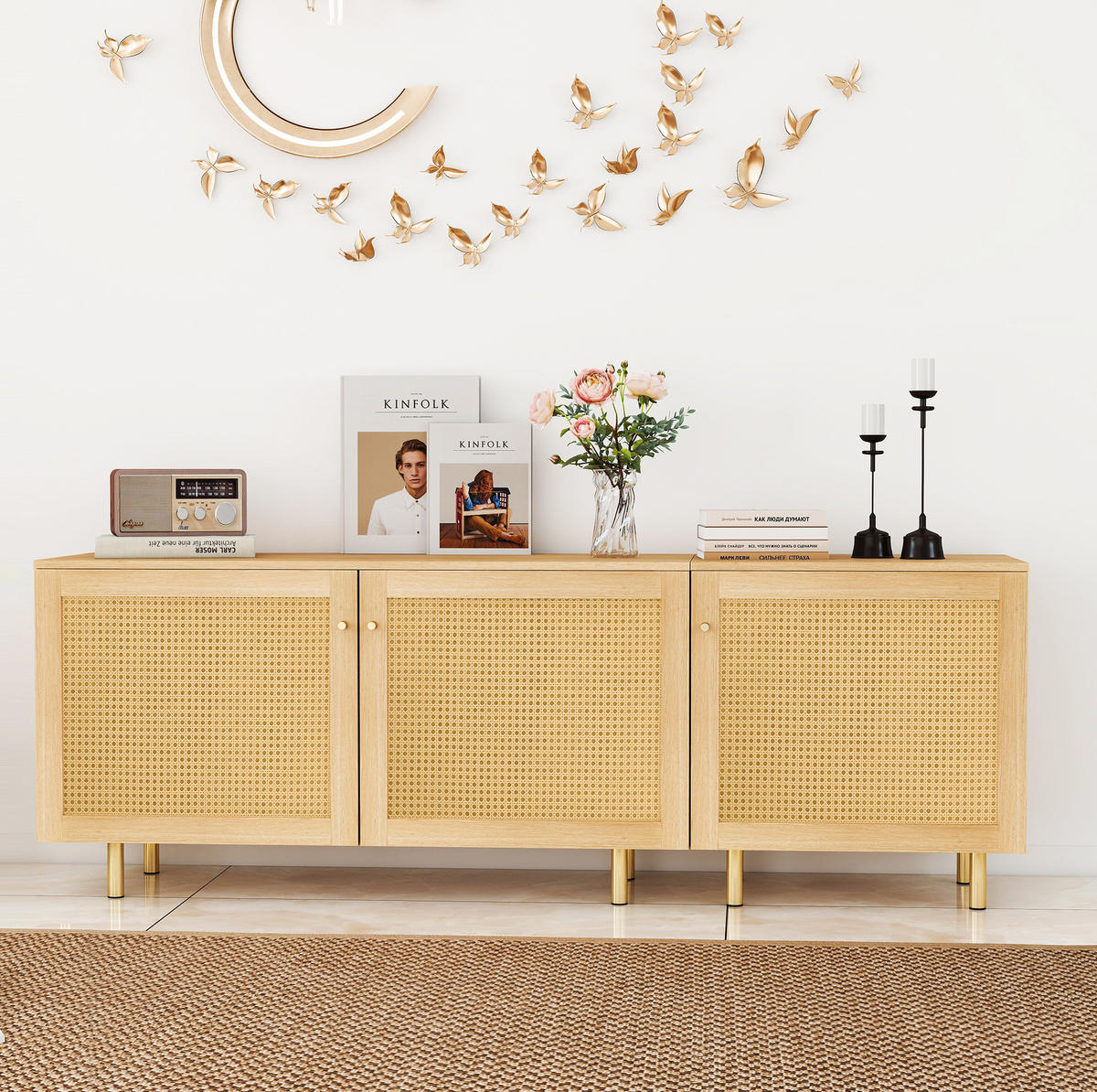 BOČNÍ skříň 180/40/63 cm přírodní z MDF s modulární konstrukcí a zlatými úchytkami - přírodní, kompozitní dřevo (180/63/40cm) - OKWISH