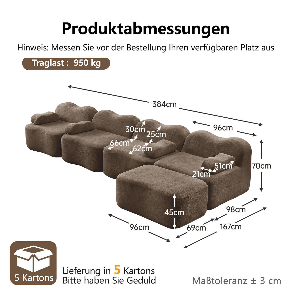 ECKSOFA Braun aus Samt mit Wellenform und Ottomane - Braun, Textil (167/384cm) - Flora Grace