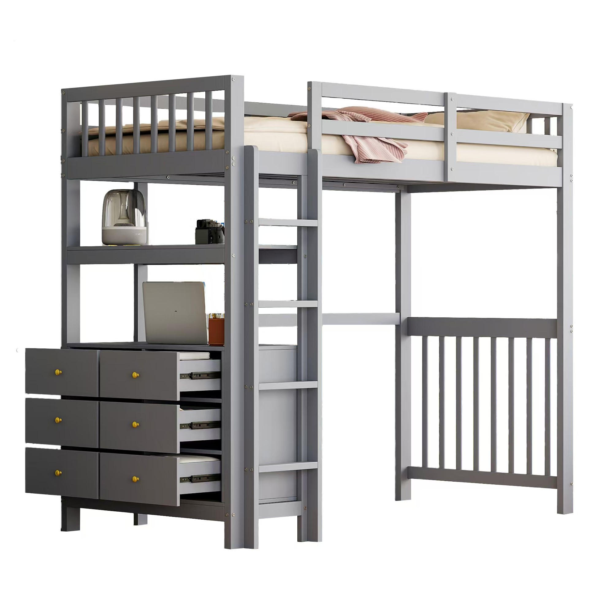 HOCHBETT 90/200 cm in Grau mit Rausfallschutz, Leiter und Stauraum - Grau, Holz (90/200cm) - BEAOK