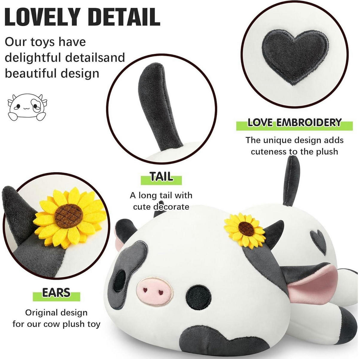 PLÜSCHTIER Kuh, Kawaii Milchkuh Kuscheltier als Kissen - Multicolor, Textil (20/30cm)