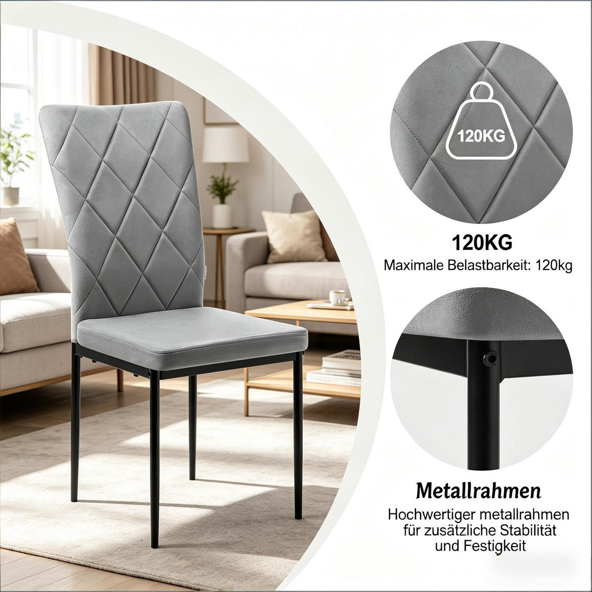 STUHL-SET DE-36119 4 Stück mit Samtbezug Dunkelgrau - Dunkelgrau, Metall (42.5/94.5/40cm) - ComfortXL