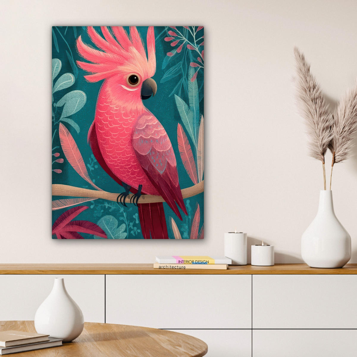 LEINWANDBILD Kakadu - Tropische Blätter - Zweig Wandbild Wohnzimmer 60x80 cm - Petrol, Textil (60/80cm) - MuchoWow