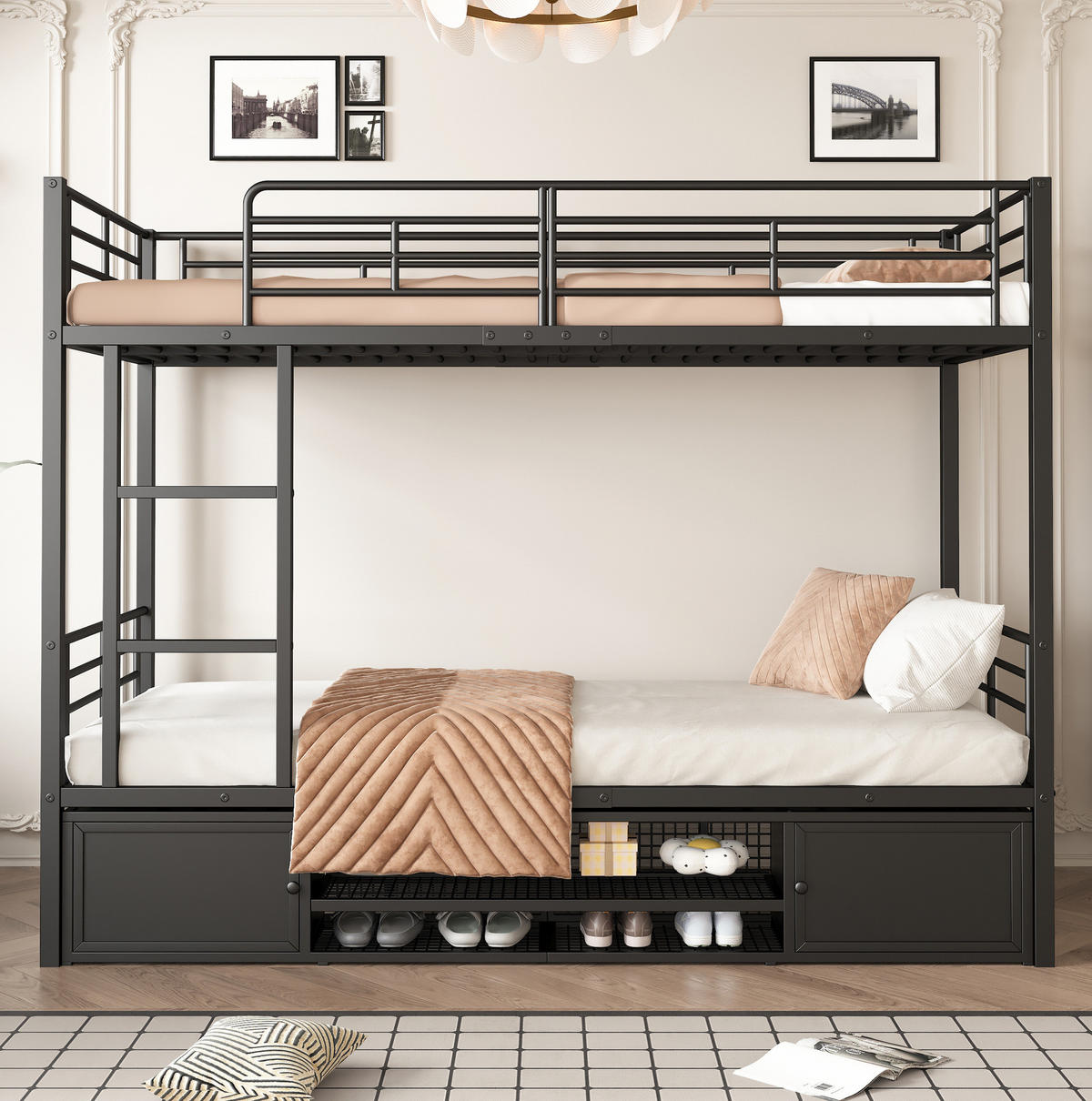 ETAGENBETT aus Metall 90x200 cm Schwarz mit Leiter, Fallschutz und Schuhablage - Schwarz, Metall (90/200cm) - Modfu