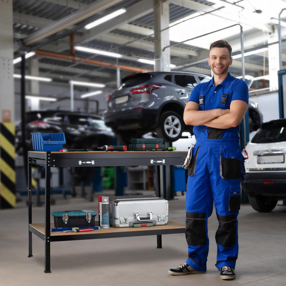 WERKBANK - Schwarz, Holzwerkstoff/Metall (121/90.5/63.5cm) - Relaxdays