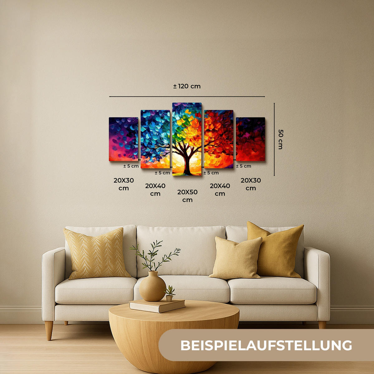 LEINWANDBILD 5er Set Baum - Farbenfroh - Malerei-Look - Abstrakt 100x50 cm - Multicolor, Textil (100/50cm) - MuchoWow