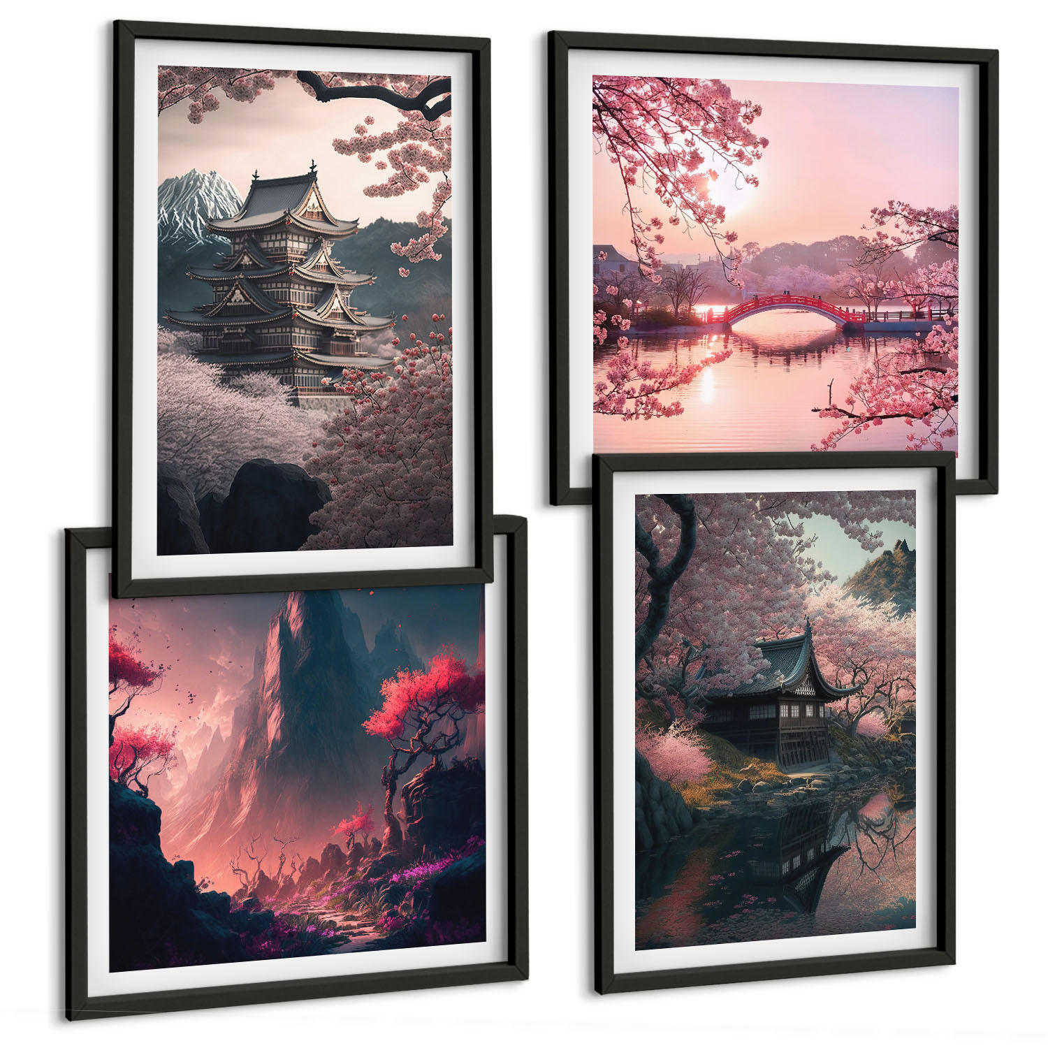 BILDER SET 4er Set - 50x50 cm & 40x60 cm Schwarzer Rahmen - Fantasielandschaften Japans - Schwarz, Kunststoff (50/50cm) - TULUP