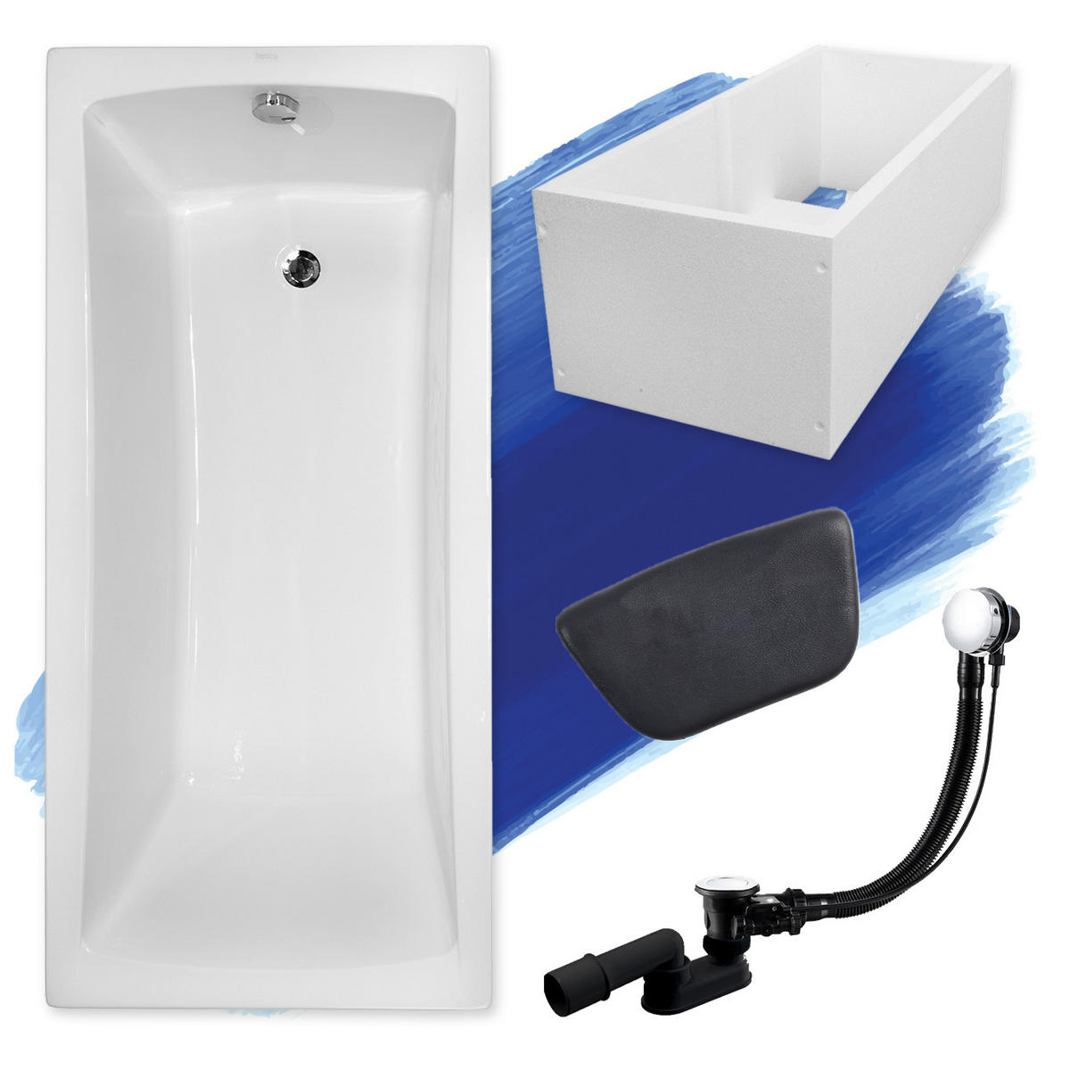 BADEWANNE Rechteck OPTIMA 170/70 + Träger + Kopfstütze Ablauf Füße - Weiß, Kunststoff (70/58.5/170cm) - bad land