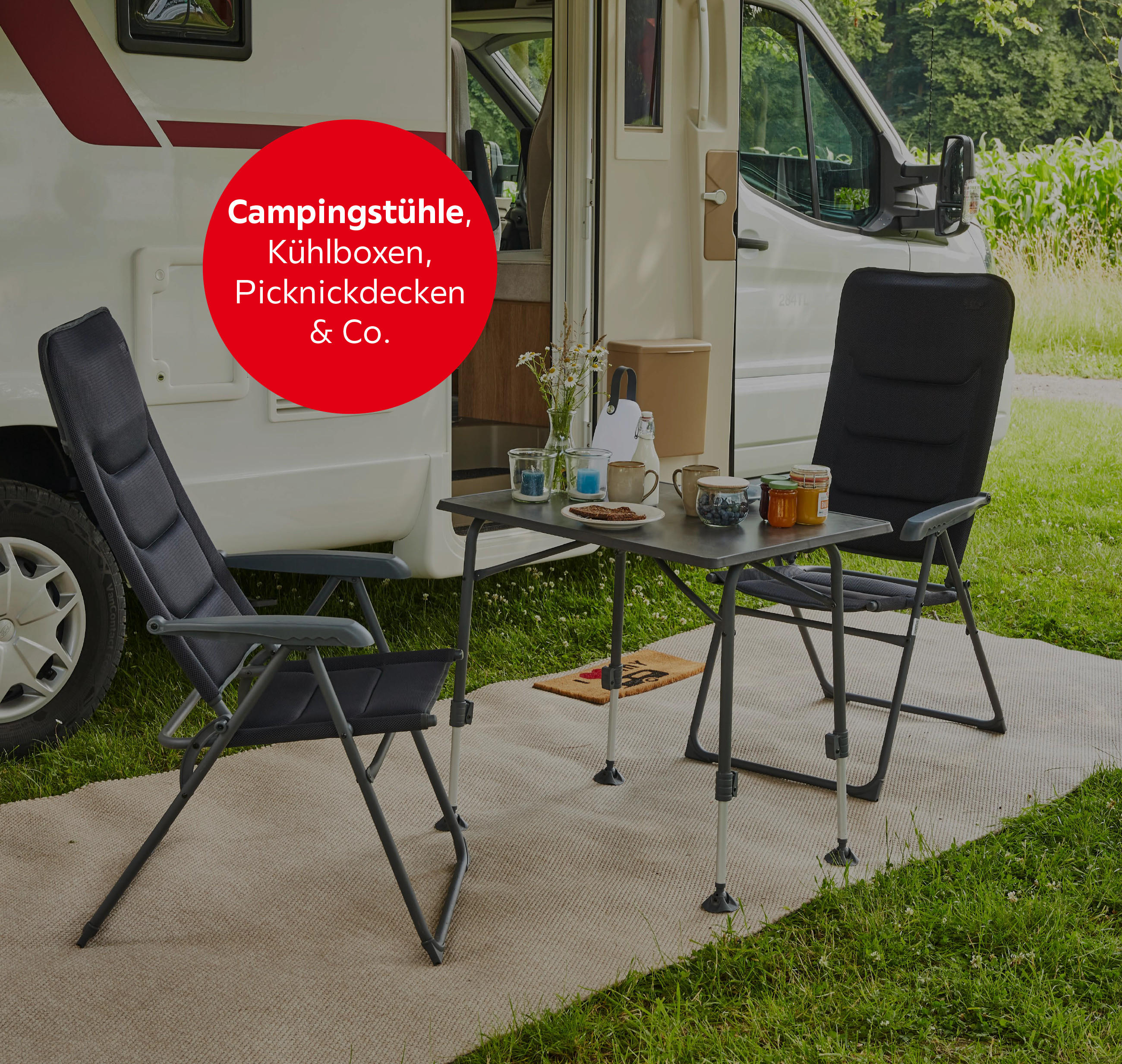 Campingstühle, Kühlboxen, Picknickdecken und Co.