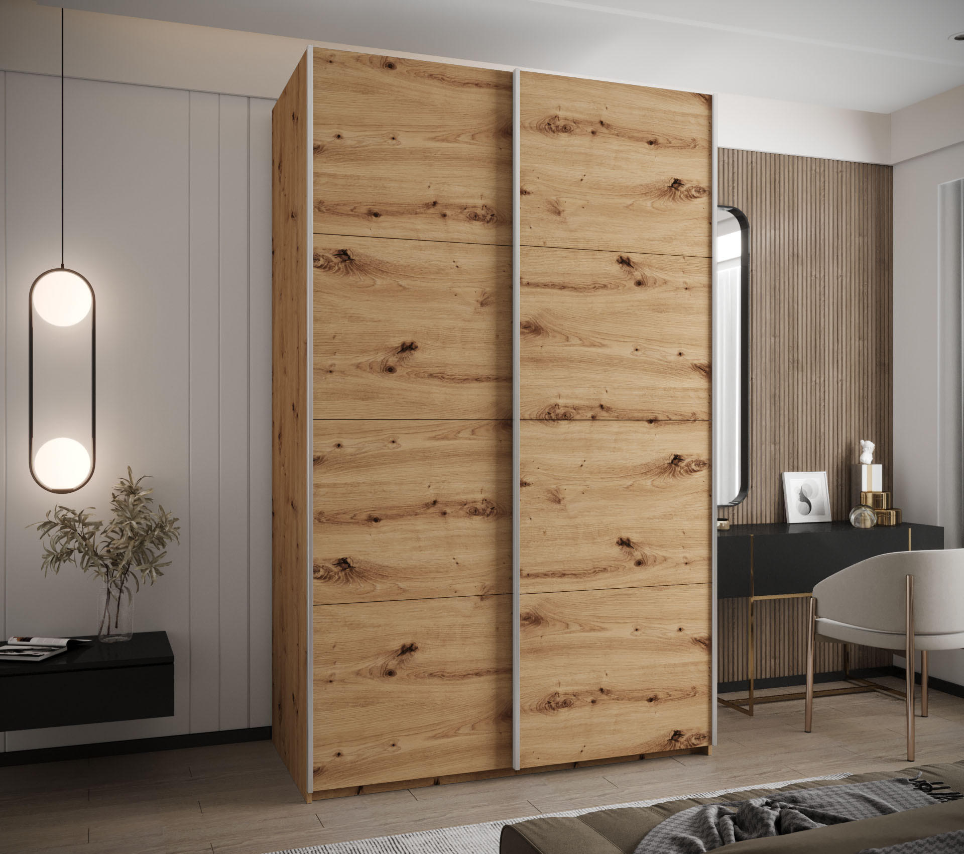 SCHWEBETÜRENSCHRANK 245,5/160/64 2-türig - Silberfarben/Eiche Artisan, Holz/Metall (160/245/64cm) - Abiks Möbel