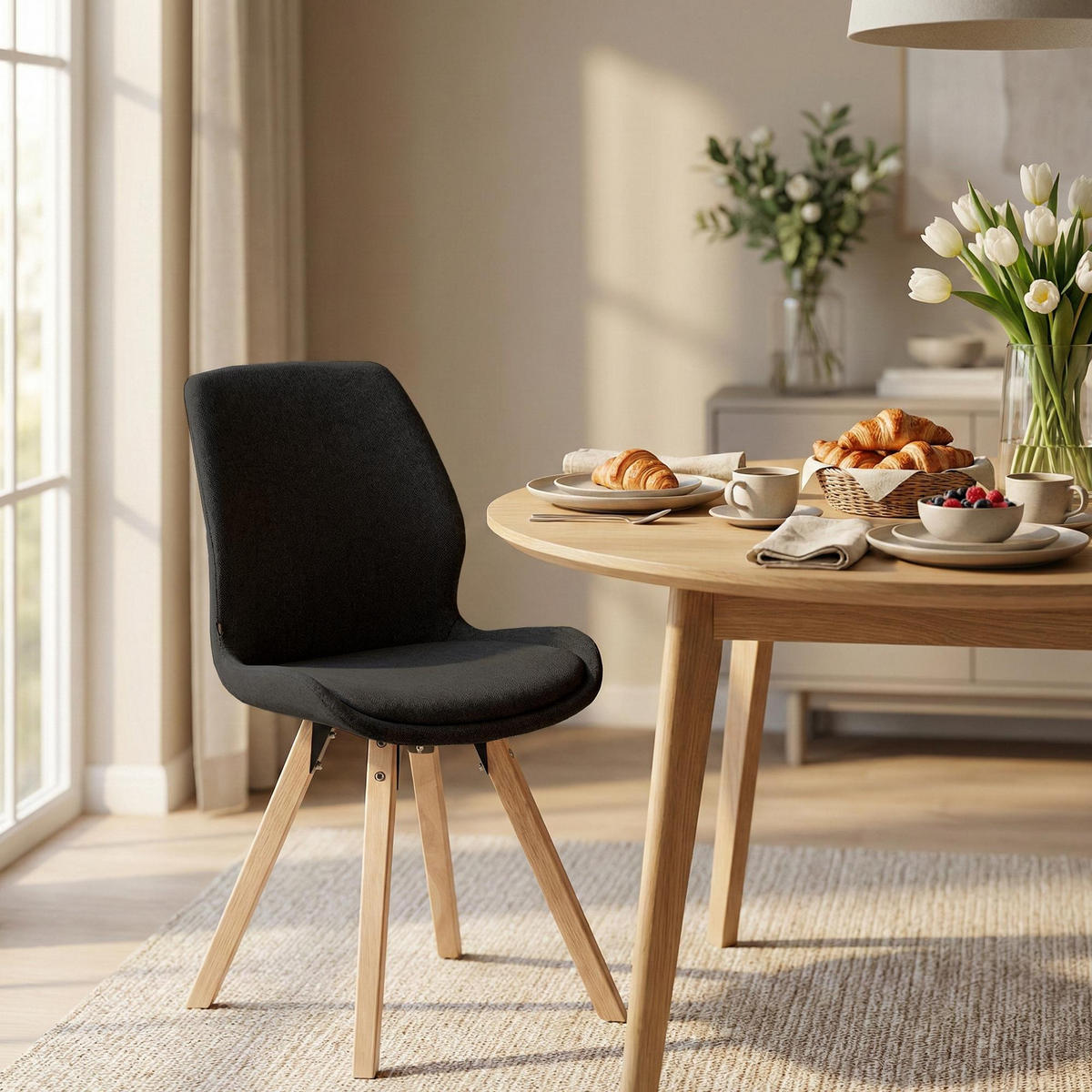 STUHL 2er Set Stoff Schwarz - Eukalyptusholzfarben/Schwarz, Holz/Textil (49/87/58cm) - CLP