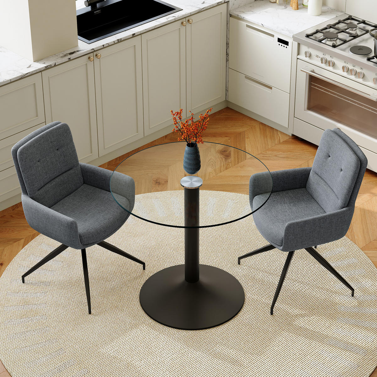 ESSZIMMER-SET 3-tlg. mit Glastisch 85 cm Schwarz/Dunkelgrau - Schwarz, Metall (85/76/85cm) - Meubliv