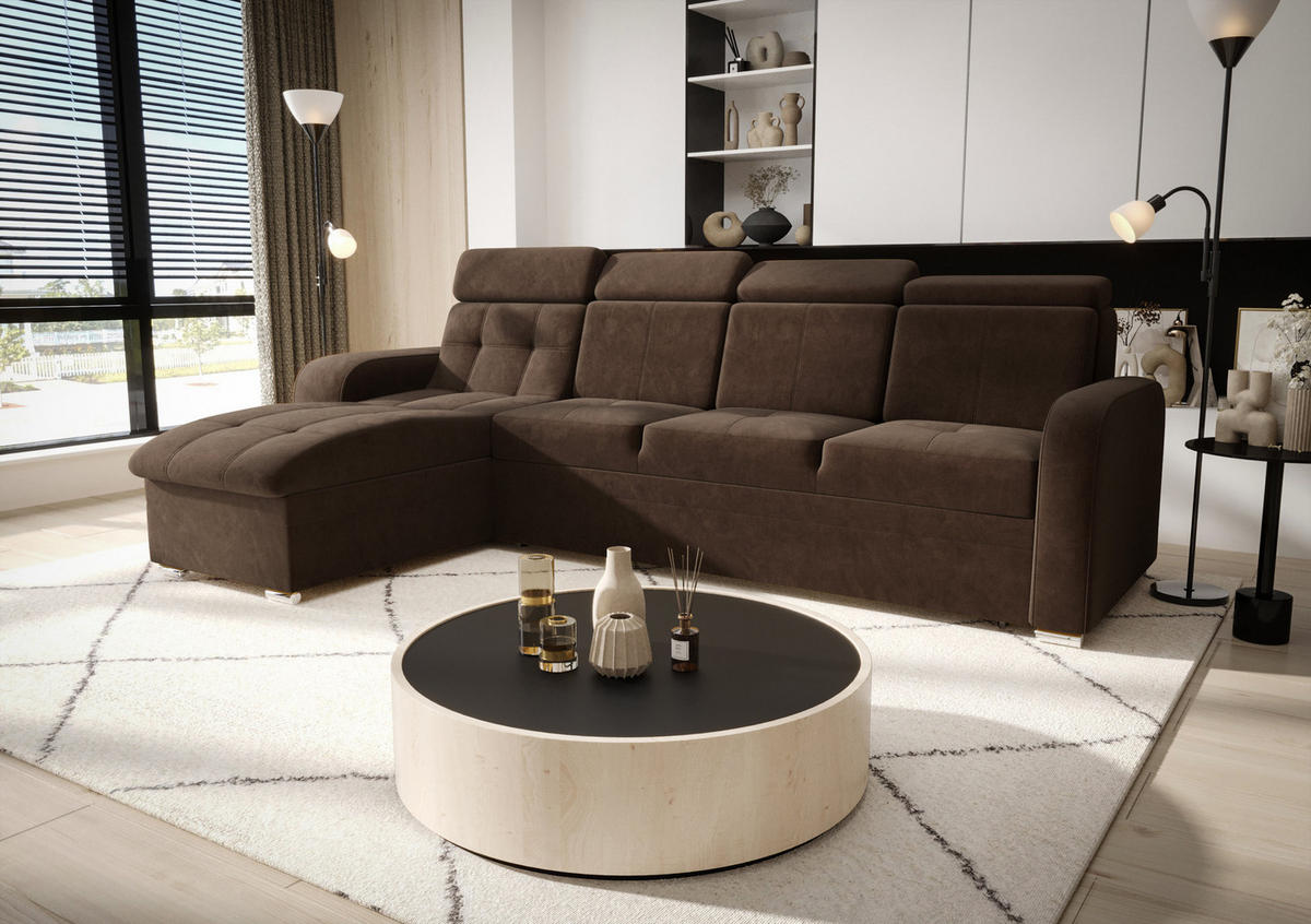 ECKSOFA KONGO RBN10, Eckcouch in L-Form mit Schlaffunktion, Farbe: Dunkelbraun, Velourstoff, Ottomane Links - Dunkelbraun, Textil (315/169cm) - O-Sofa
