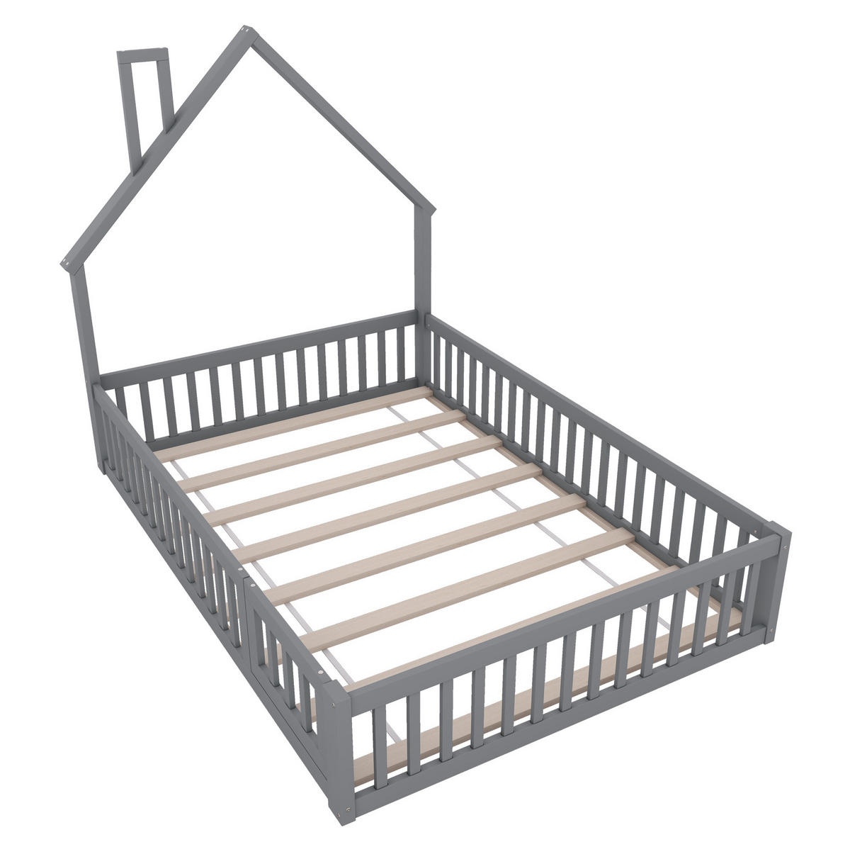HAUSBETT 140/200 cm Grau aus Kiefernholz und MDF mit Sicherheitsgitter - Grau, Holz (140/200cm) - OKMYHOME