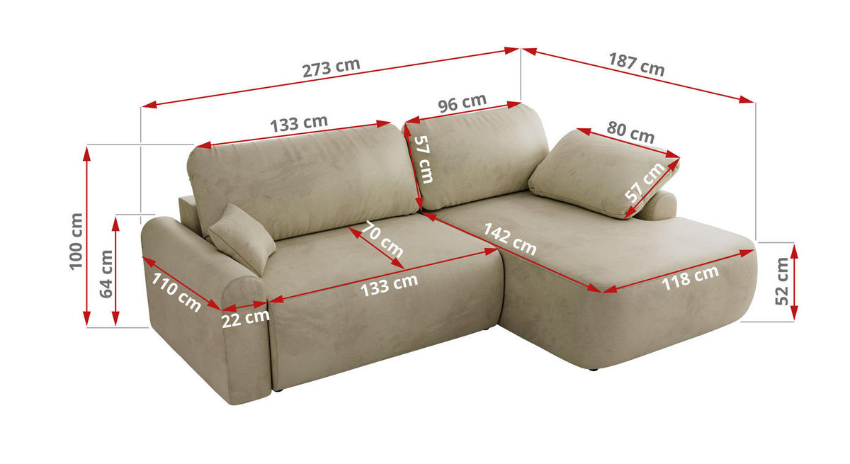 ECKSCHLAFSOFA CUBO L Beige Velvet - links - Beige/Schwarz, Kunststoff/Textil (273/187cm) - MKS