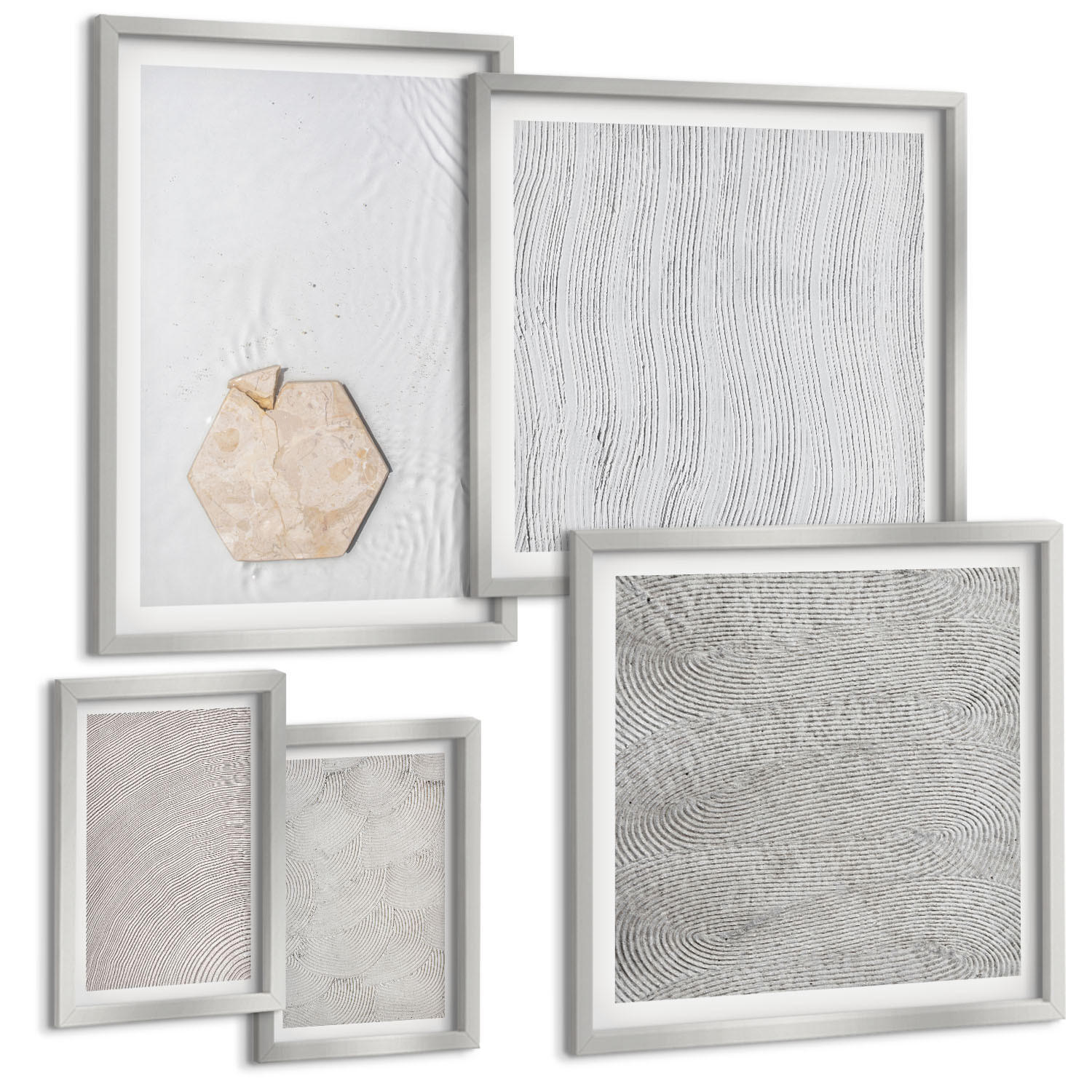 BILDER SET 5er Set - 50x50 cm & 20x30 cm & 40x60 cm Silberner Rahmen - Leichte Boho-Sandtexturen - Silberfarben, Kunststoff (40/60cm) - TULUP