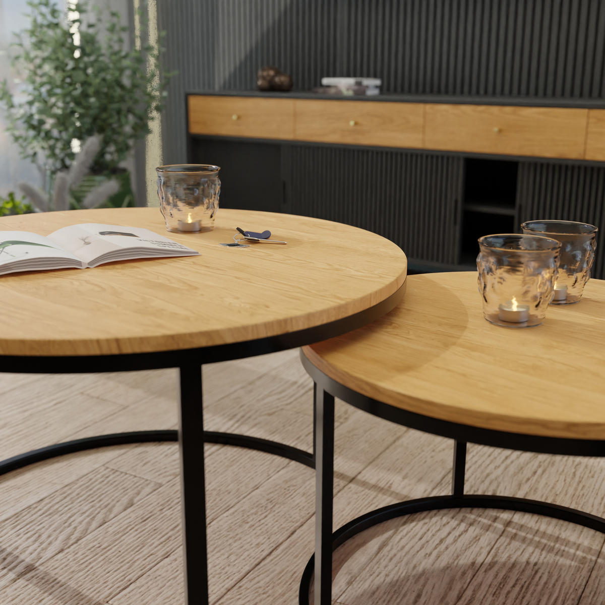 COUCHTISCH rund Klein, Eiche Wotan, Rahmen Schwarz - Eiche Wotan/Schwarz, Holzwerkstoff (70/70/48cm) - Idohome