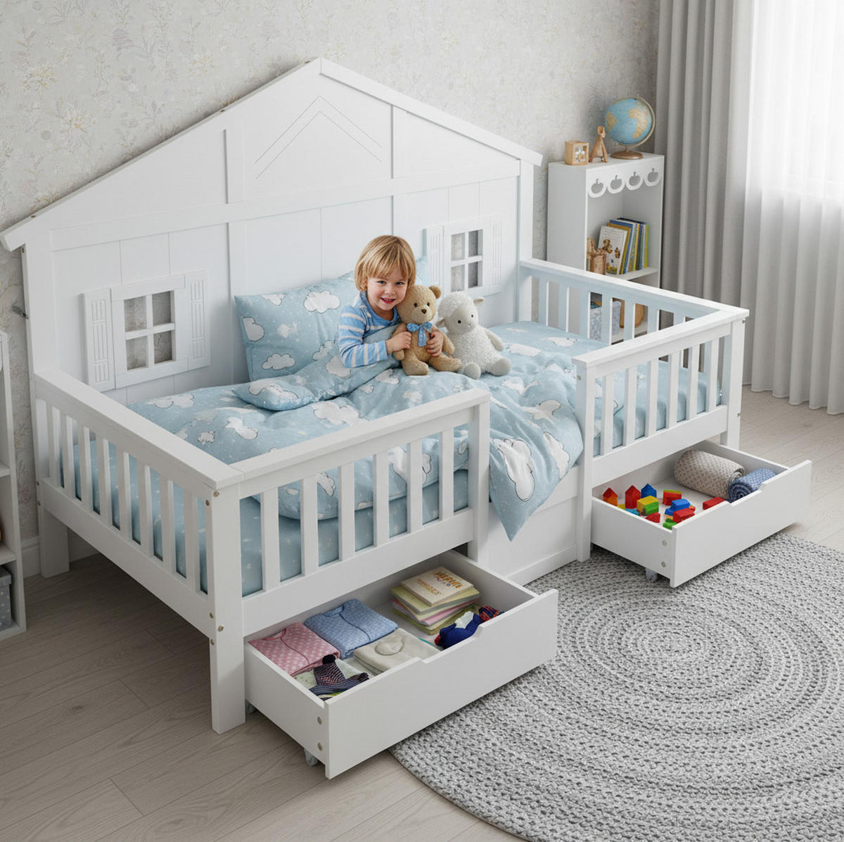 KINDERBETT 90/200 cm Weiß aus Kiefer und MDF mit Dach, Fenstern und 2 Schubladen - Weiß, Holz (90/200cm) - OKWISH