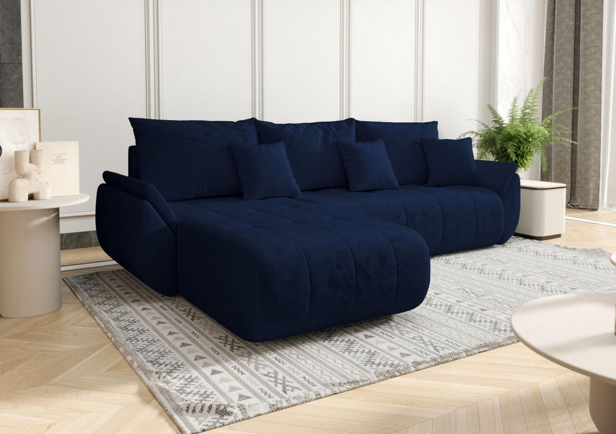 ECKSOFA Romuldi mit Schlaffunktion, Marineblau Samt, linksseitig - Schwarz/Dunkelblau, Kunststoff/Textil (280/185cm) - Selsey