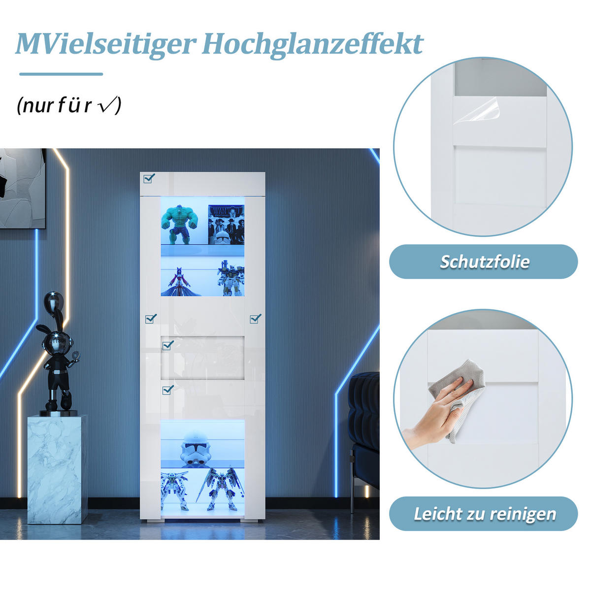 VITRINE LED Hochglanz Schrank Acryl Tür 2 Glasböden Weiß 170cm - Weiß, Glas (60/170/40cm) - FLIEKS