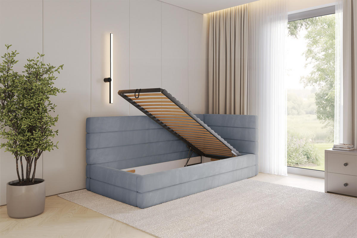 EINZELLBETT Jugendbett mit Bettkasten, Links - BEMY 90x200 Grau - Grau, Holzwerkstoff/Textil (90/200cm) - ALTDECOR