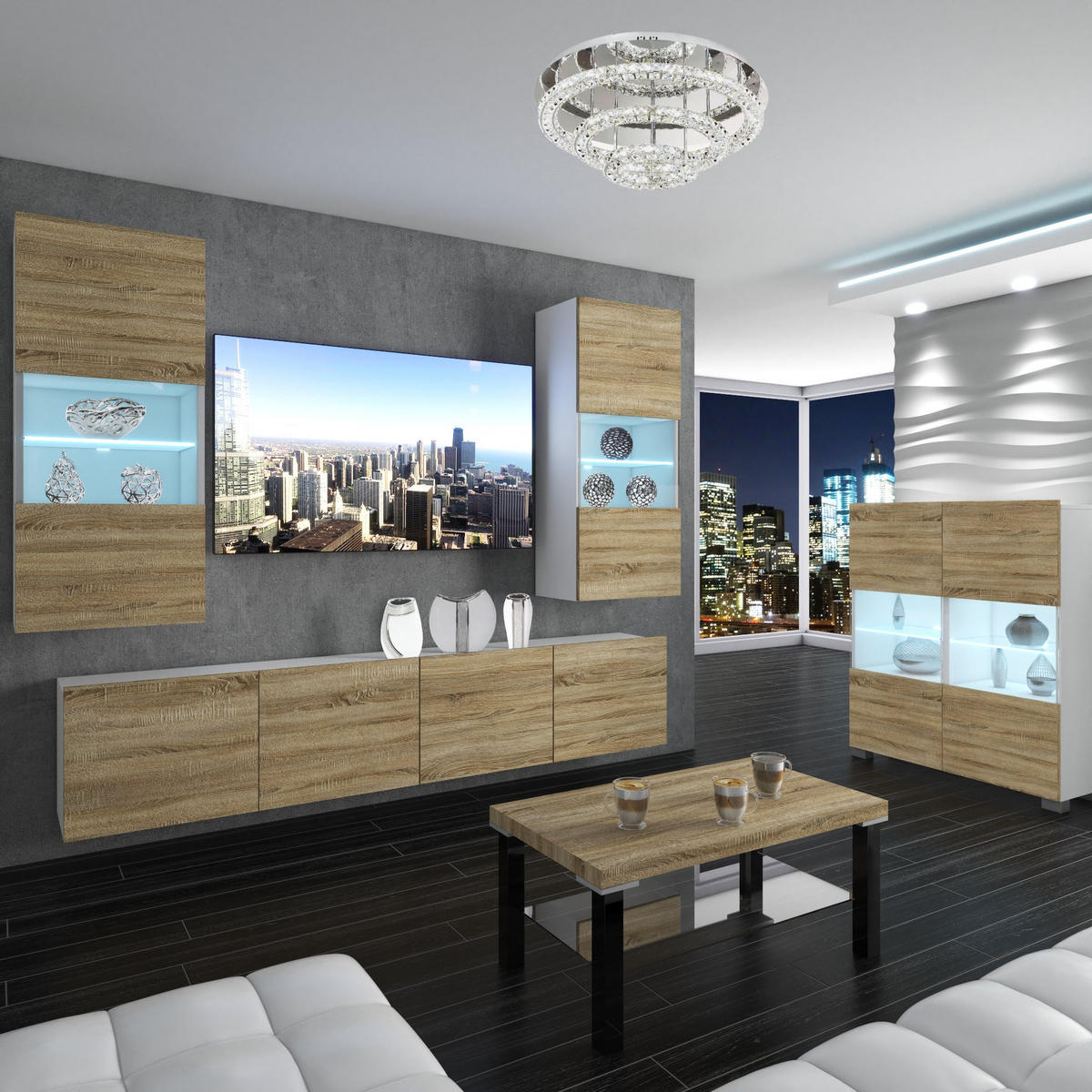 WOHNZIMMERWAND Schrankwand mit LED Sonoma Eiche - Beige, Holz (200/180/36cm) - B BELINI GROUP