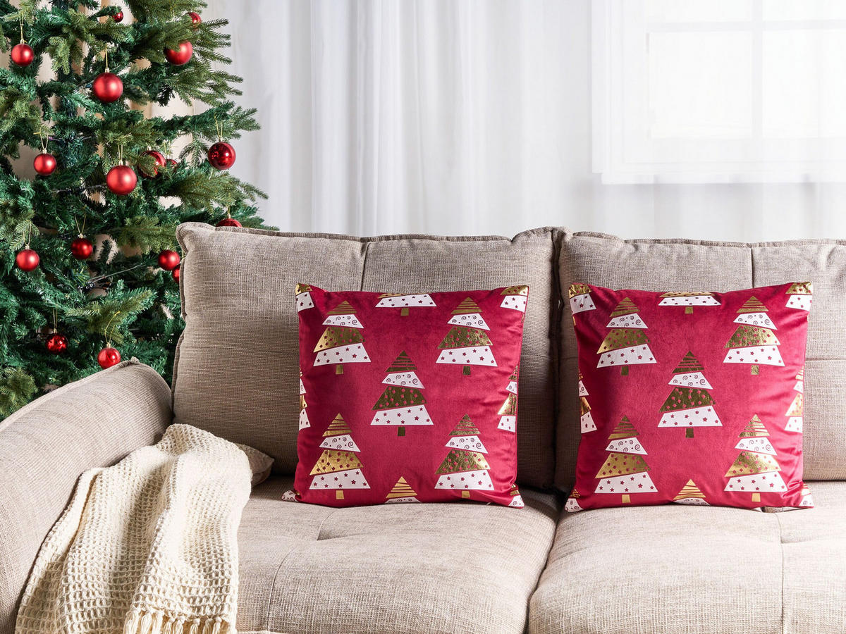 DEKOKISSEN 2er-Set Rot 45/45 cm Goldspruce - Rot, Textil (45/45cm) - Beliani