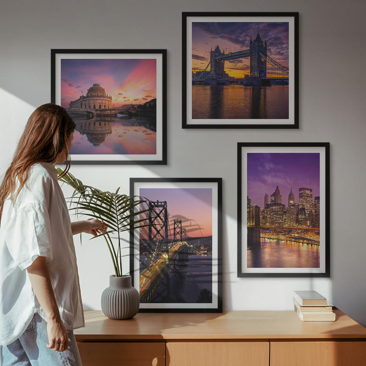 BILDER SET 4er Set - 50x50 cm & 40x60 cm Schwarzer Rahmen - Brücken, Sonne, Stadtblick - Schwarz, Kunststoff (50/50cm) - TULUP