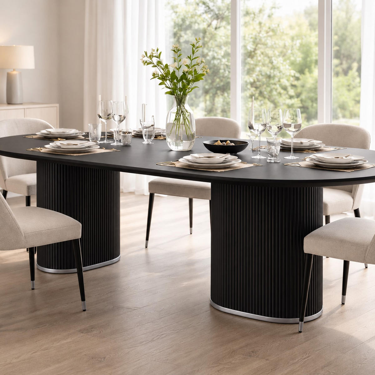 ESSTISCH Oval Schwarz 180 × 90 cm geriffeltes Säulengestell mit silberfarbenen Akzenten - Schwarz, Holzwerkstoff (90/180/76cm) - HOOZ