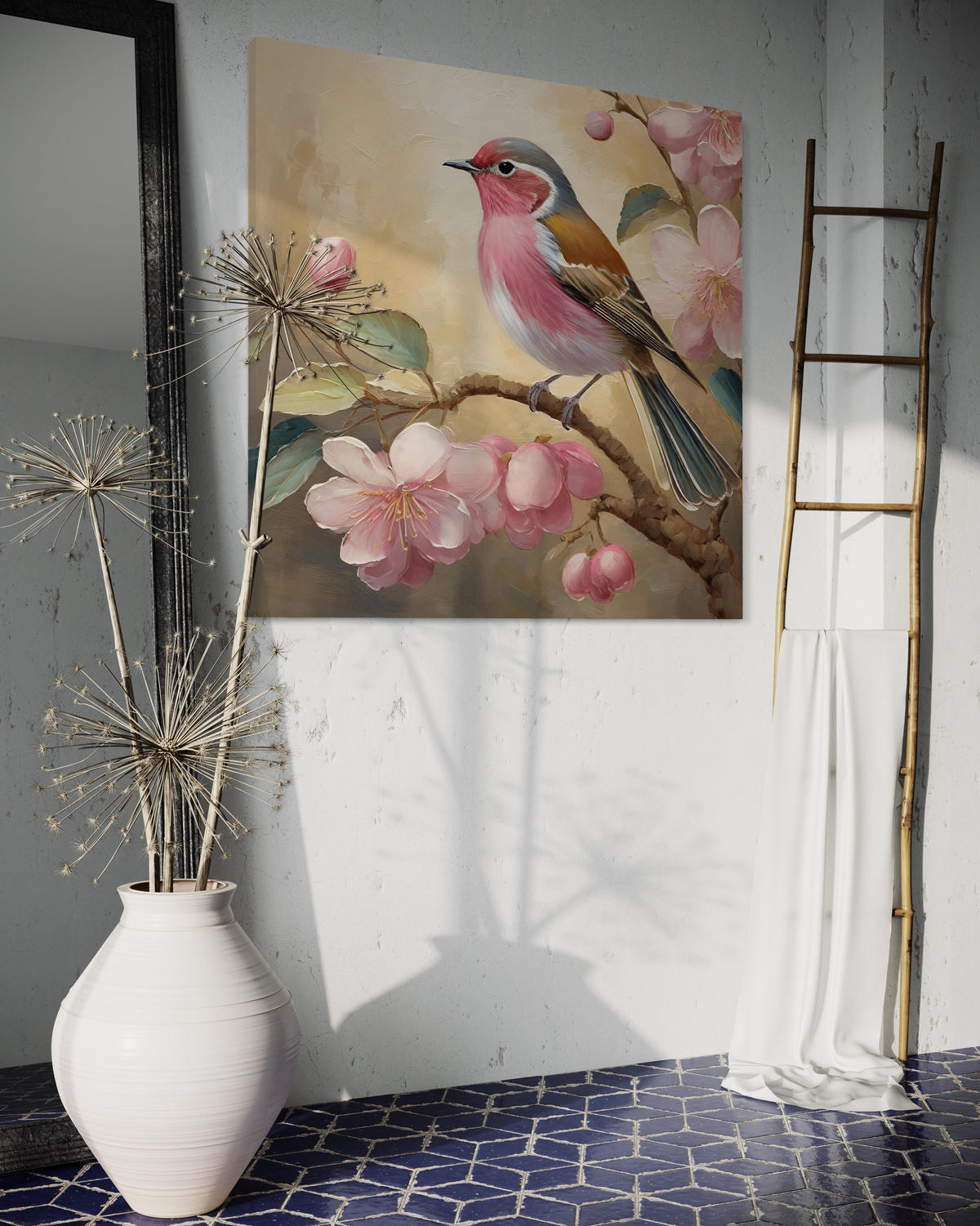 WANDBILD vogel blumen vintage - Pink, Textil (30/30cm) - Feeby