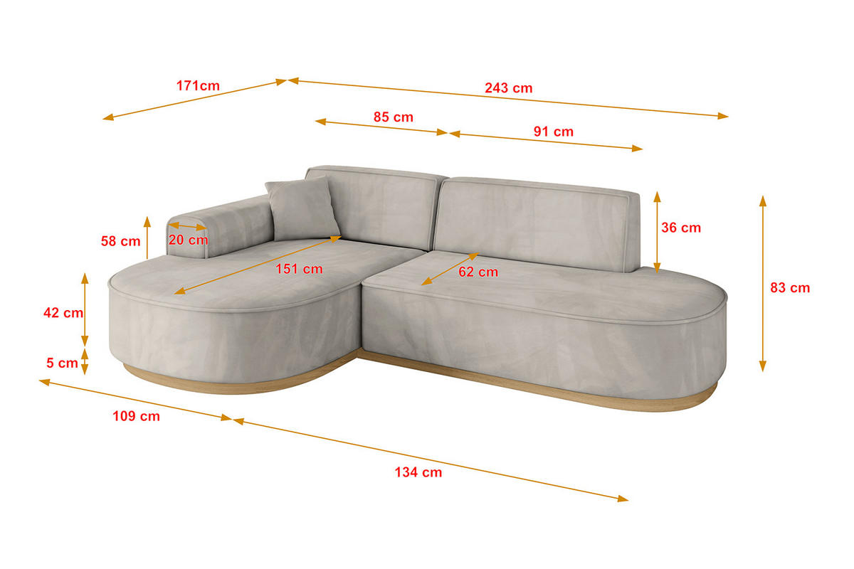 ECKSOFA Ottomane Links MARI-L1-v2 - 243x171x83 cm Hellbraun Velours - Hellbraun, Holzwerkstoff/Textil (243/171cm) - ALTDECOR