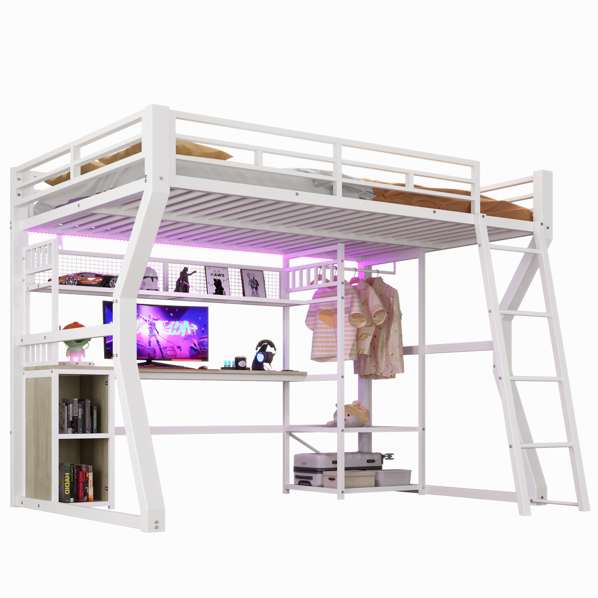 HOCHBETT 140/200 cm, Weiß mit Schreibtisch, Lichtleiste und Steckdose - Weiß, Metall (140/200cm) - MIVRAY