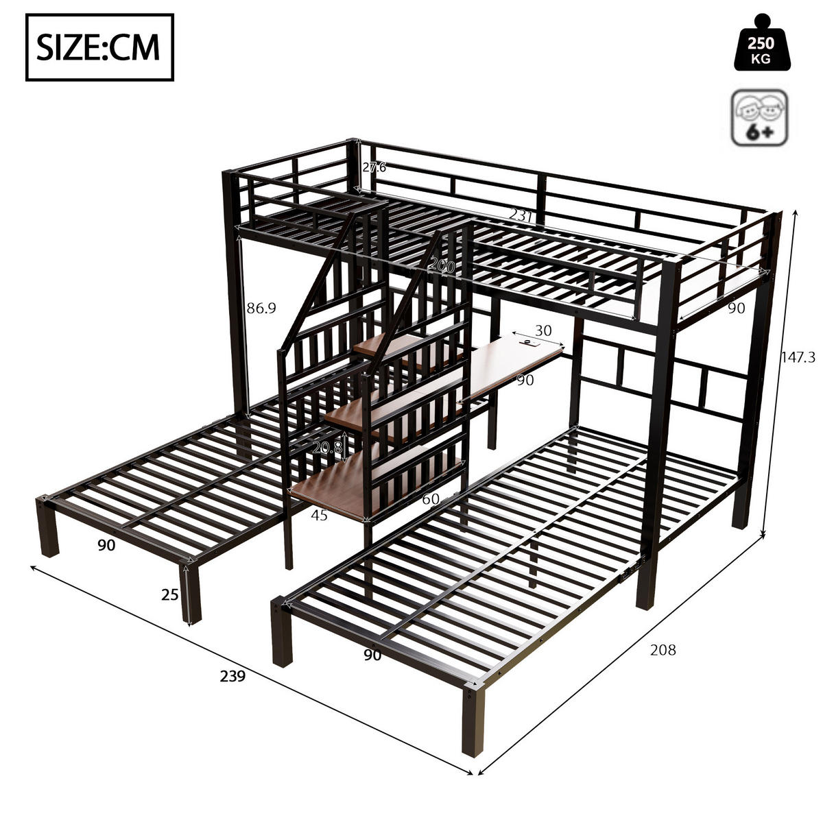 ETAGENBETT 90/200 cm mit LED-Beleuchtung, Schreibtisch und Stauraum - Schwarz, Metall (90/200cm) - Flora Grace