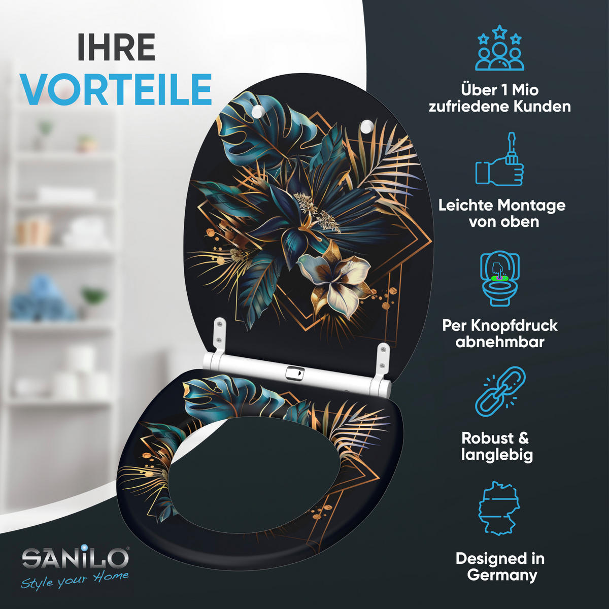 WC-SITZ mit Absenkautomatik & Top Fix Goldfera - Blau, Holzwerkstoff (37.7/5/48cm) - Sanilo
