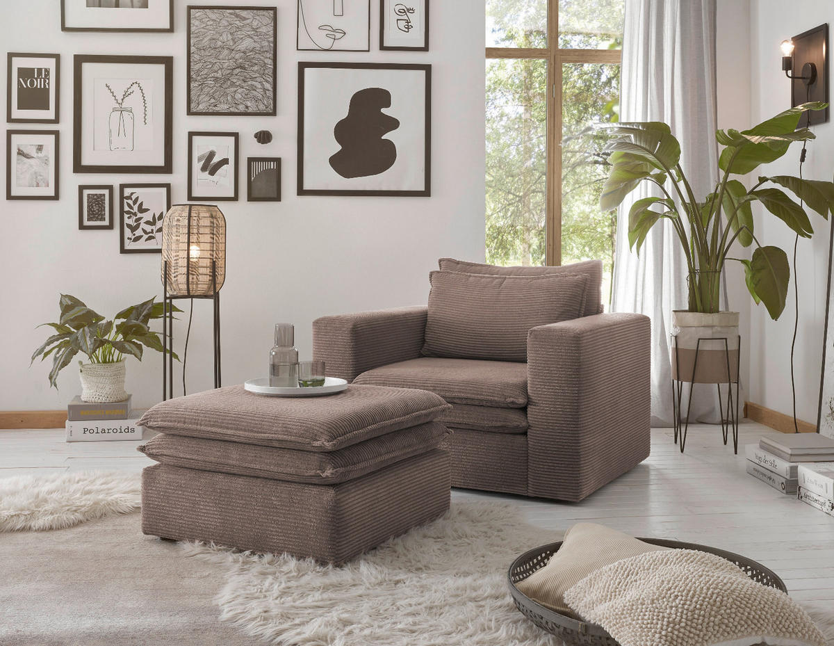 LOVESEAT Set braun Cord, Loungesessel inklusive Hocker - Beige/Braun, Holz/Kunststoff (110/83/161cm) - Furn.Design