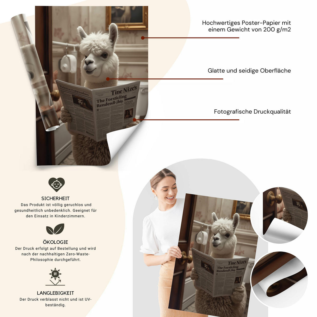 POSTER für WC Badezimmer ALPAKA mit Zeitung auf Toilette Abstraktion 50x70cm - Beige/Schwarz, Papier (50/70/70cm) - Muralo
