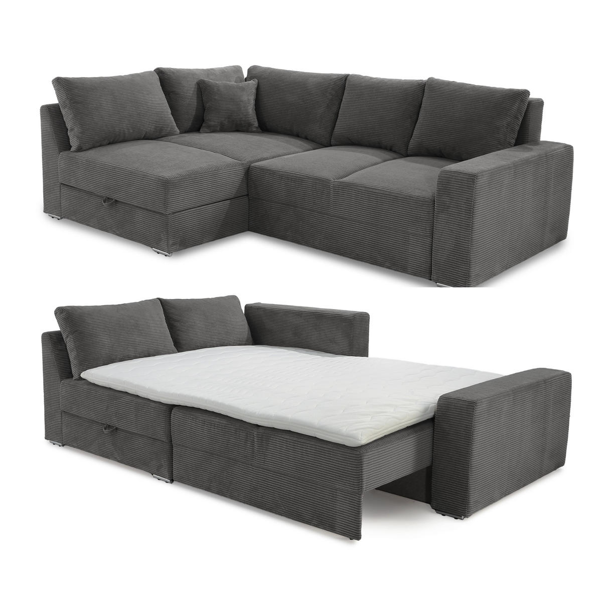 ECKSOFA-DAUERSCHLÄFER Boxspring Federkern Topper Bettkasten, seitenverkehrt montierbar B260/T181/H88 cm, Cord Grau Anthrazit / 15233 - Chromfarben/Schieferfarben, Textil/Metall (260/181cm) - luma-home