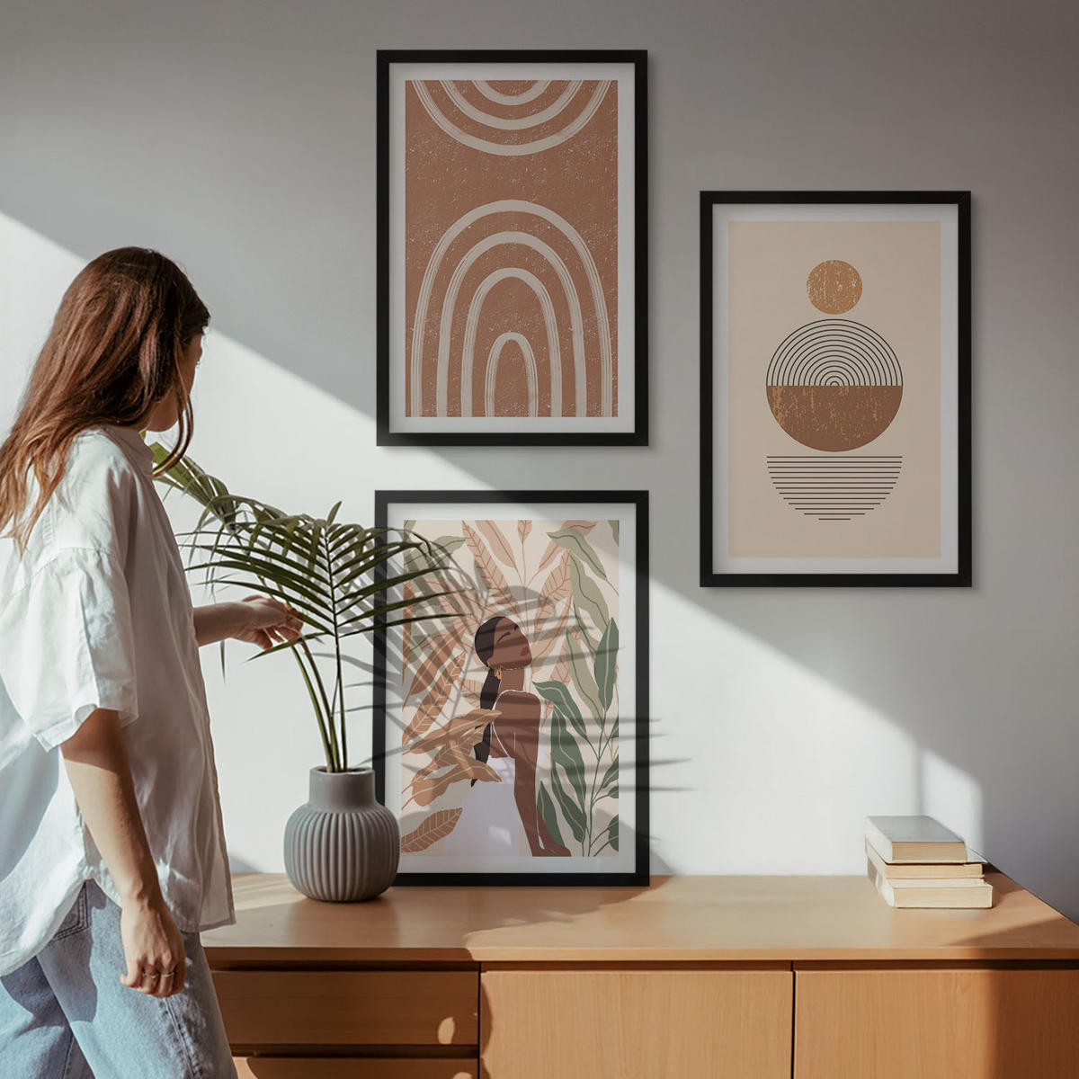 WANDBILDER 3er-Set - 40x60 cm Schwarzer Rahmen - Stilvolle Pflanzenmuster und Geometrie - Schwarz, Kunststoff (40/60cm) - ArtPrintCave