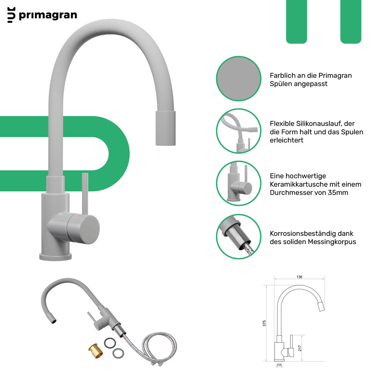 GRANITSPÜLE Mailand, 2-er set Grau 62/50 cm 1 Becken + Küchenarmatur 38/14 cm + Ablauf-Set ab 40er Unterschrank - Grau, Kunststoff (62/19/50cm) - Primagran