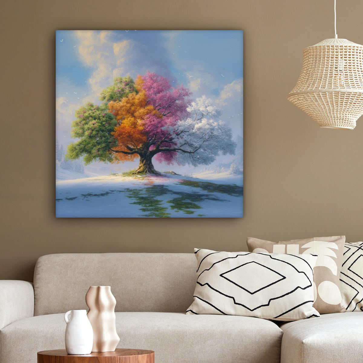 LEINWANDBILD Baum - Jahreszeiten - Winter - Landschaft Deko Groß 90x90 cm - Multicolor, Textil (90/90cm) - MuchoWow