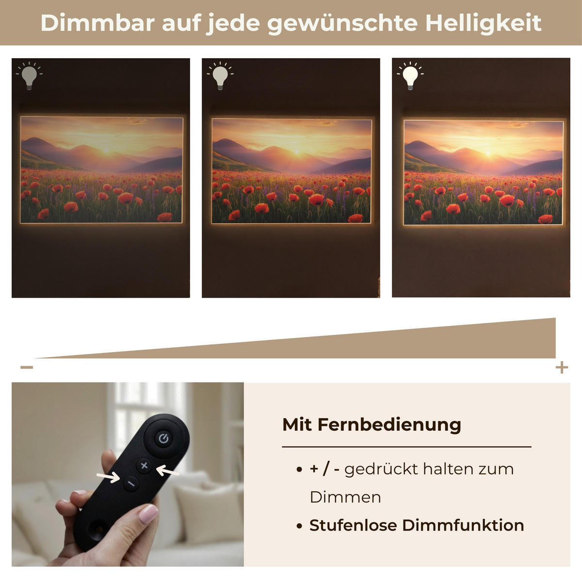 WANDLEUCHTE MIT AKKU Landschaft - Sonnenuntergang - Blumenfeld 90x60 cm - Rot, Holzwerkstoff (90/60/8cm) - OnlyWow