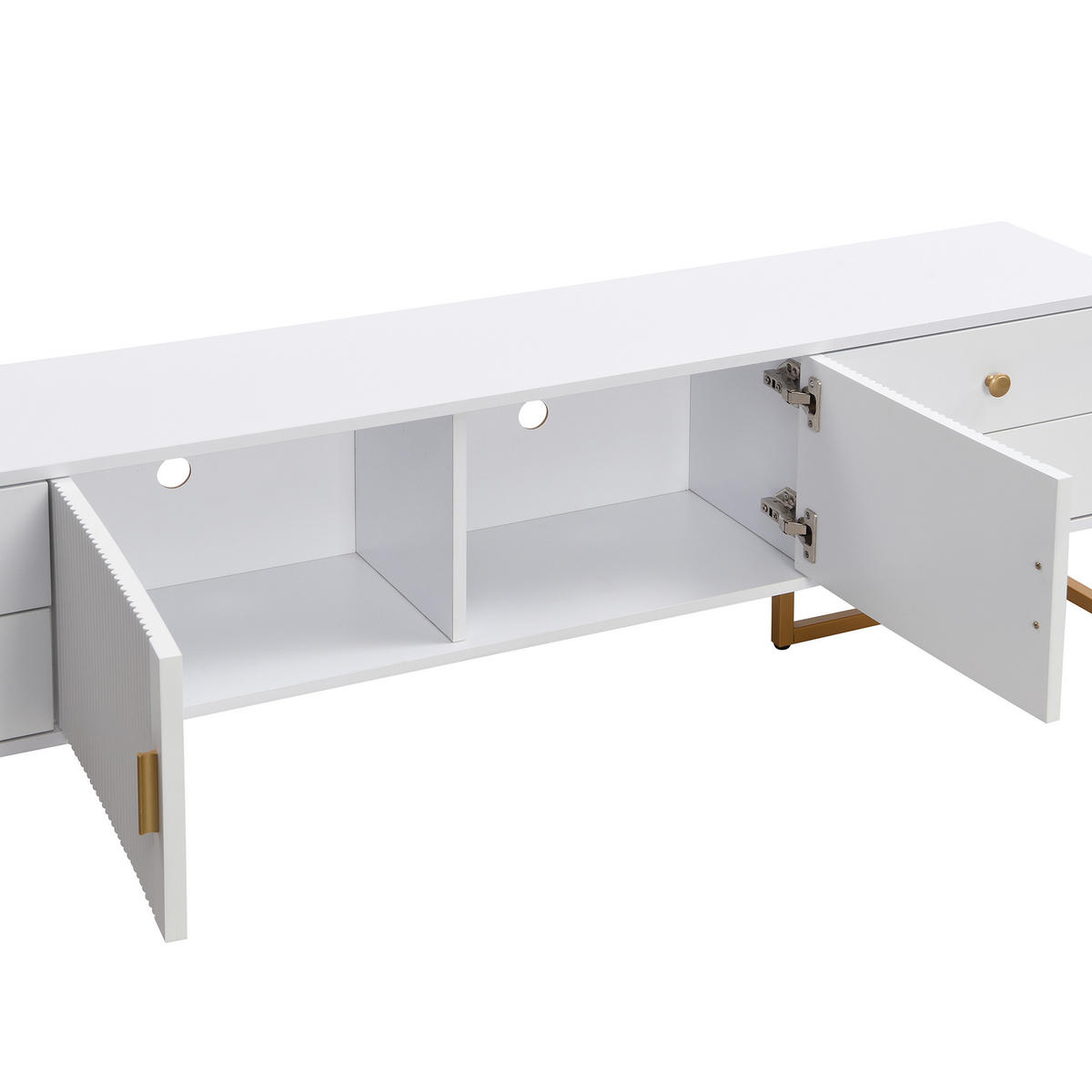 LOWBOARD in Weiß TV Schrank mit strukturierter Tür, Schubladen, goldenen Griffen und Füßen, B175/T30/H46cm - Goldfarben/Weiß, Holzwerkstoff/Metall (175/46/30cm) - STILVORA