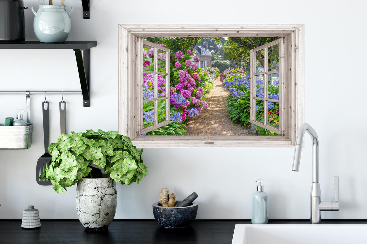 WANDTATTOO Hortensie - Fensterblick - Blumen - Sommer - Lila - Weg 60x40 cm - Lila, Kunststoff (60/40/0.1cm) - MuchoWow